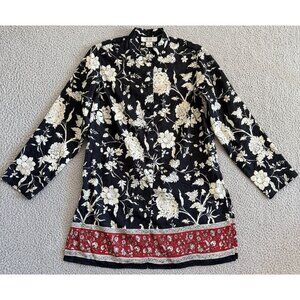 Artsy Silk Knot Button Black White Floral Tunic Boho Pocket Mandarin